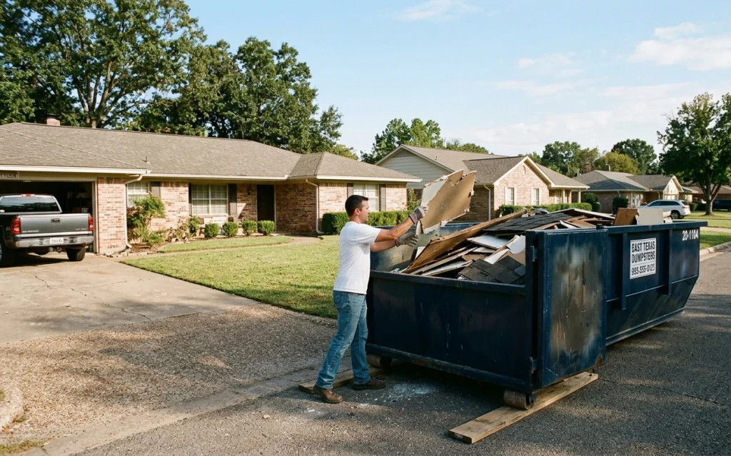 Residential dumpster rental in Tyler TX driveway for home cleanout project